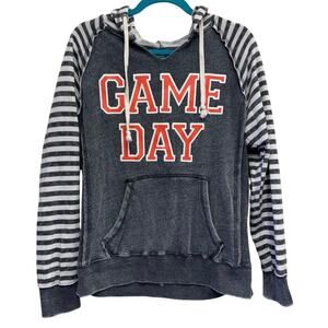 MV Sport Game Day Hoodie Medium Gray Striped Sleeve Pullover Graphic Sweatshirt